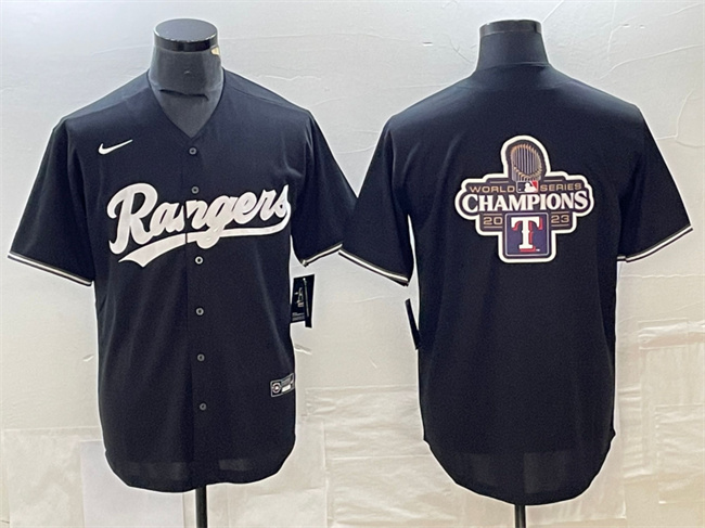 Men's Texas Rangers Black 2023 World Series Champions Big Logo Cool Base Stitched Baseball Jersey